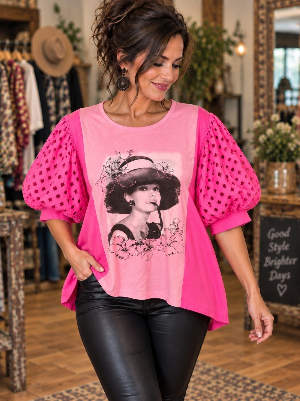 Pink Puff-Sleeve Audrey Hepburn Graphic Women’s Top